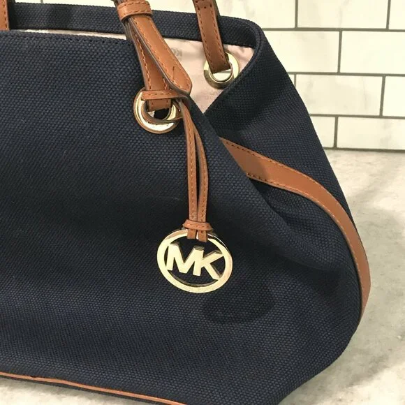 Michael Kors Tote Bag Womens Large Blue Canvas Leather Shoulder Purse MK Charm - Picture 3 of 14